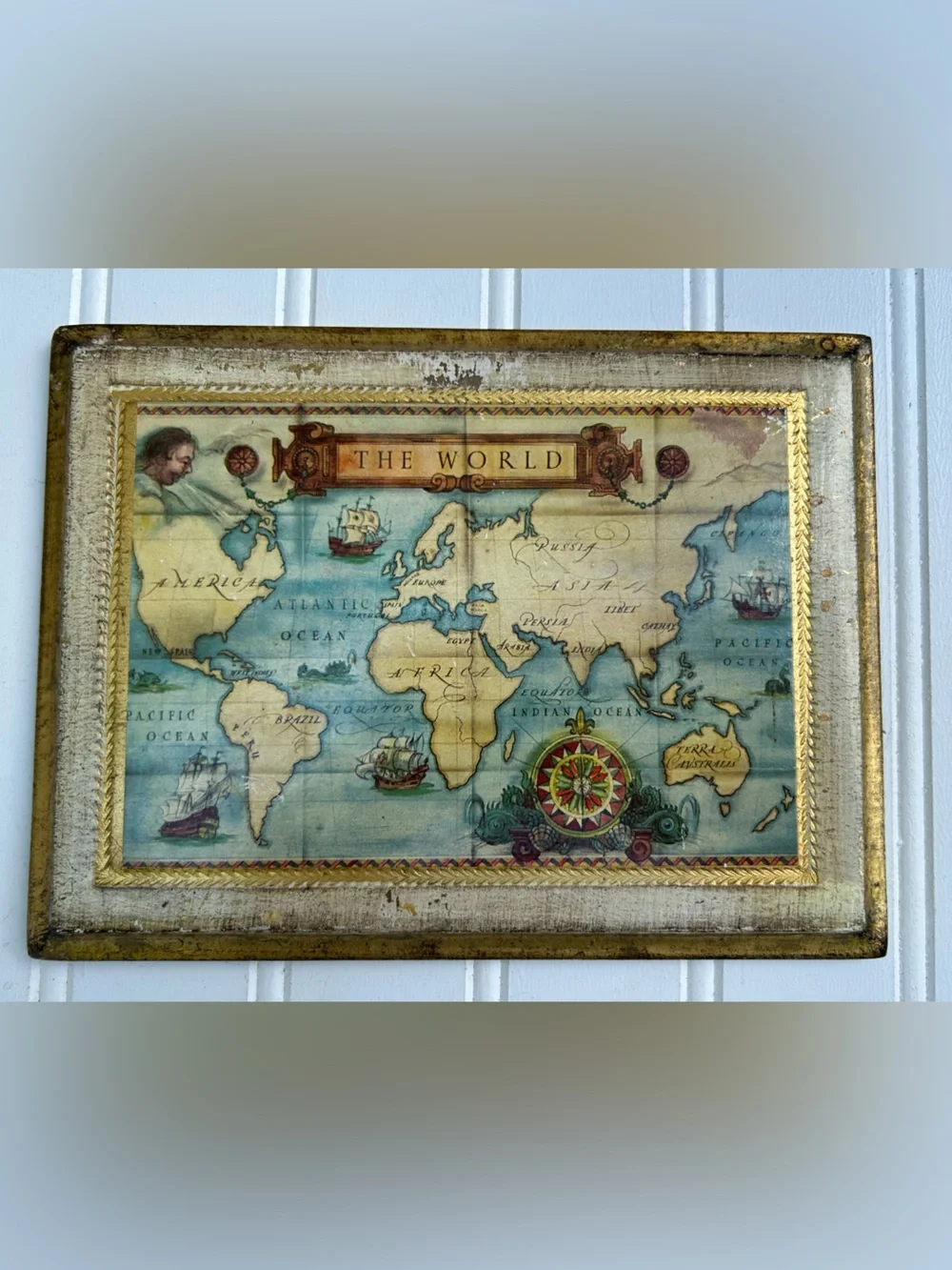 Vintage Map Sears World Accent Plaque Blue Cream Gold Gallery Wall 6x8